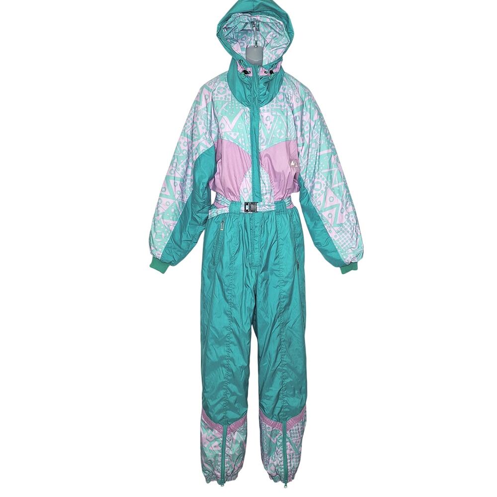 Vintage 80s 90s Anoralp Ski Suit Women M/L 12 France Gaper Day Retro Teal Hooded